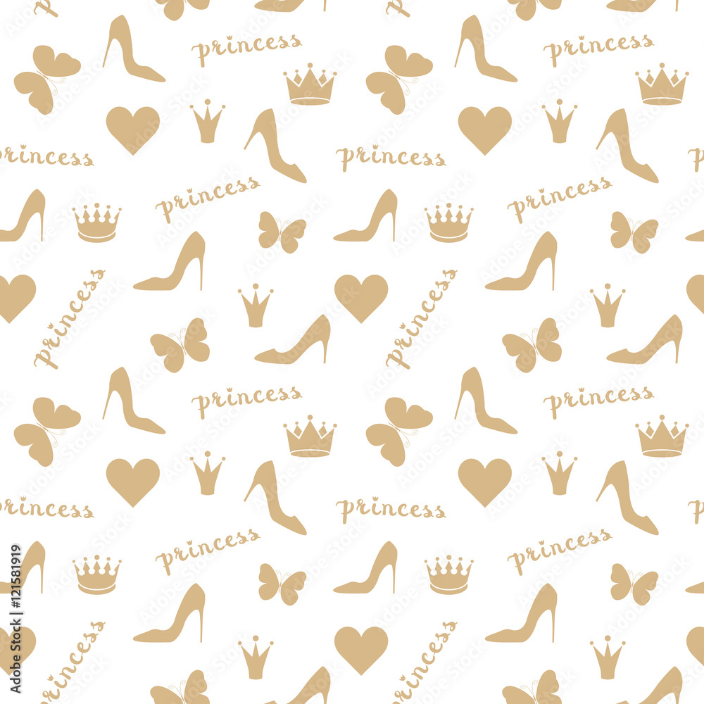 Seamless pattern. Crowns, butterflies, shoes silhouettes Seamless pattern. Crowns, butterflies, shoes silhouettes