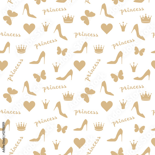 Fototapeta Naklejka Na Ścianę i Meble -  Seamless pattern. Crowns, butterflies, shoes silhouettes