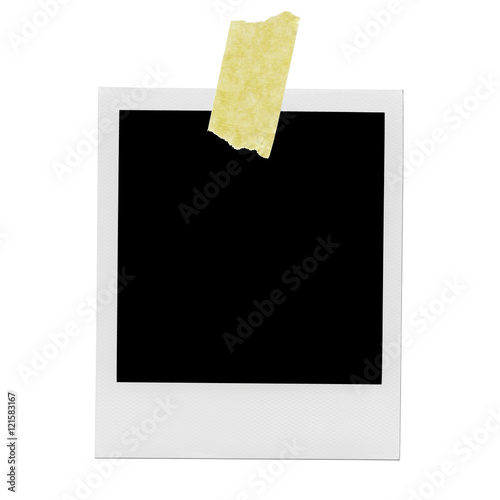 Blank polaroid photo frame with yellow tape.