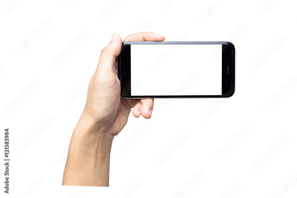 hand holding phone blank screen isolated. hand holding phone blank screen isolated.