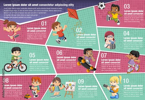 Vector brochure backgrounds with happy cartoon children playing. Infographic template design.
