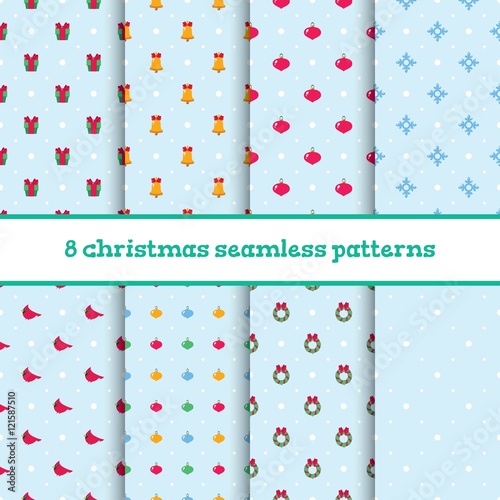 Set of vector seamless light blue patterns with christmas decorations, snowflakes and dots