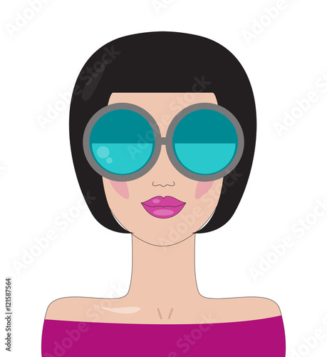 Vector fashion girl in big round glasses. Women's flat glamorous character isolated on white background. Attractive brunette with Bob haircut in beautiful sunglasses.