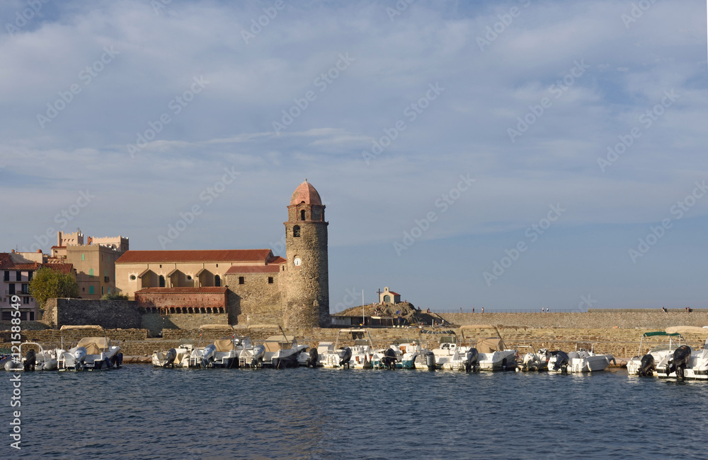  Coastal town of Collioure and Notre Dame des Anges Church , France