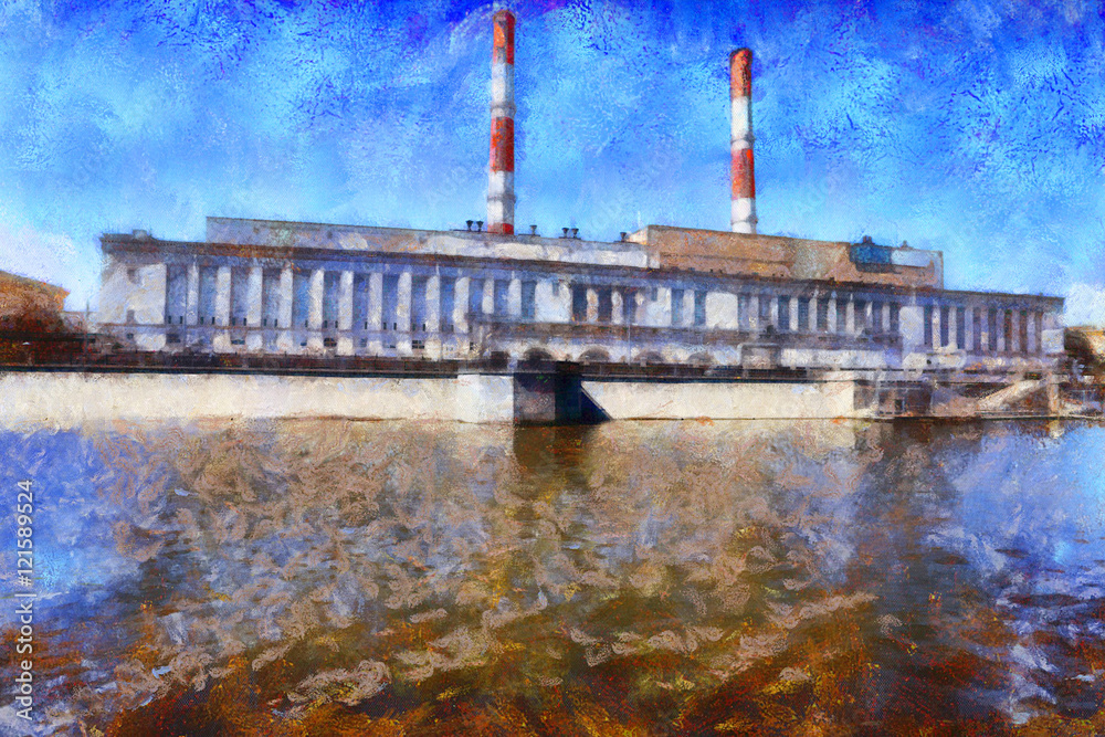The factory on the river bank. Illustration