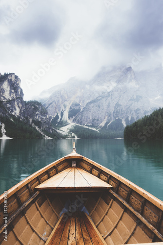 Wood boat in Braies lake