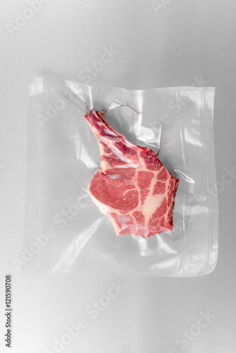 Vacuum sealed fresh rib eye steak for sous vide cooking