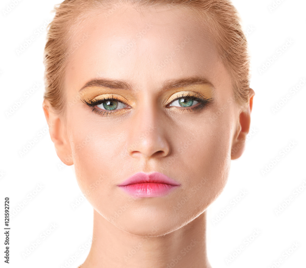 Obraz premium Young woman with beautiful makeup on white background