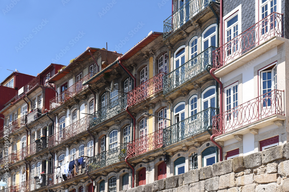 colorful houses along the Douro River in the city of Porto, Port