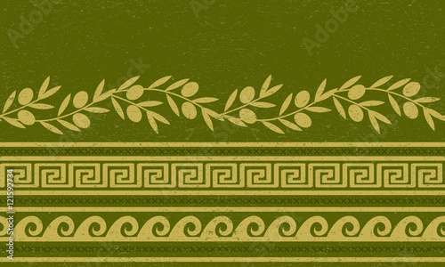 Seamless pattern with olives, wheat, and greek symbols. photo