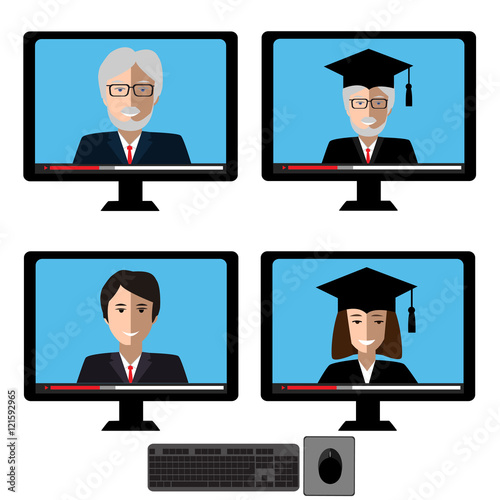 Vector set with teachers male and female fases in computer screen. Design elements for business or education concept.