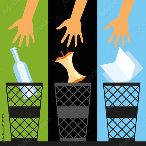 Separate waste collection and sorting: glass, organic waste, paper. Vector illustration