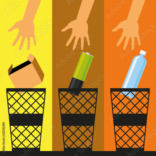 Separate waste collection and sorting: cardboard, battery, plastic. Vector illustration