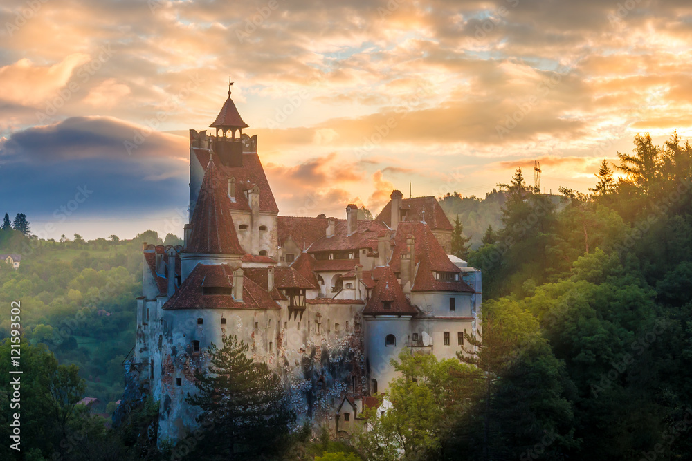 Beautiful panoramic view over Dracula Bran medieval castle in the sunset light, the most visited tourist attraction of  Brasov, Bran town, Transylvania regiom,Romania,Europe