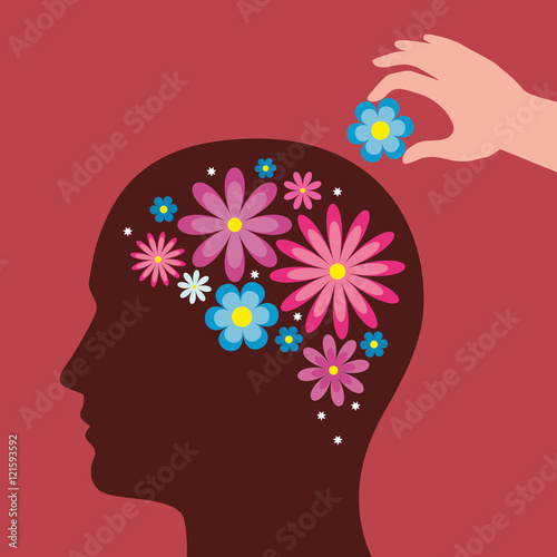 Woman silhouette with flowers in head and hand adding a new flower. Psychological concept. Vector illustration