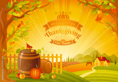 Thanksgiving vector illustration of beautiful autumn landscape on sunset background with modern elegant text lettering, copy space. Countryside fall farm symbol - wine cask, cider apple, pumpkin logo