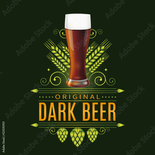 Vintage label design with realistic glass of dark beer, decorative wheat, hop, curls and arrows. Vector illustration