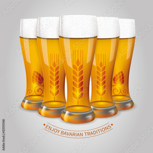 Set of realistic glasses of light Bavarian beer, with wheat and hop cones decorative elements. Vector illustration