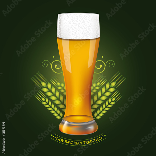 Vintage label design with realistic glass of  traditional Bavarian light beer, and decorative wheat ears on green background. Vector illustration