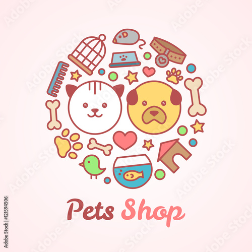 Flat line style pets shop illustration in the form of a circle. For pets shop or veterinary logo design concept. Goods for animals, vector icons set isolated on white background