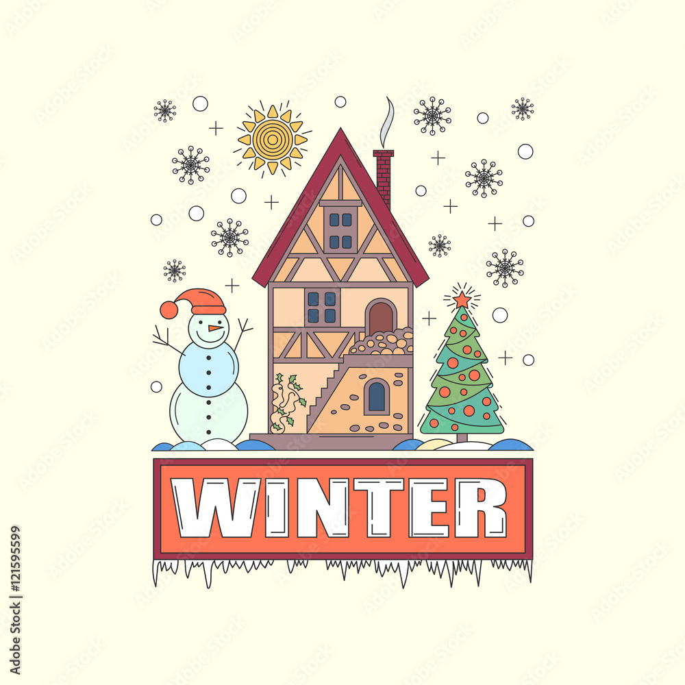 Detailed winter house on snowy background. Vector illustration
