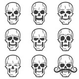 Skull emotions set. Wary skull, evil skull, funny skull, skull surprised,skull with eyes closed,  serious skull, sad skull, skull with mustache.