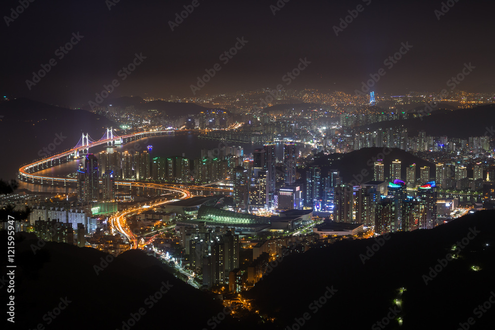 Naklejka premium View of Busan's skyline in South Korea from above at night.
