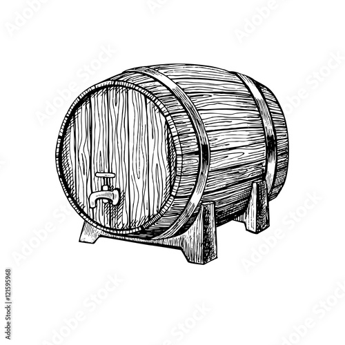 Vector wooden barrel. Hand drawn vintage  illustration in engrav