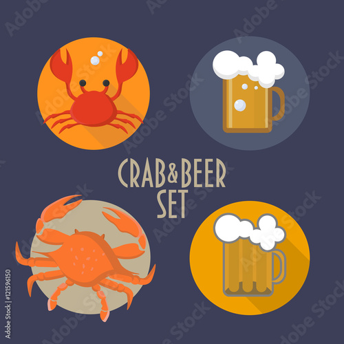 Crab and Beer Vector Icons Set in cartoon style could be used as icon, sticker, crab fest sign, book illustration, seafood restaurant menu elements, beer festival promotion.