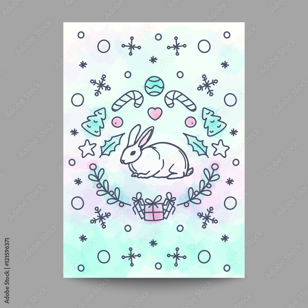 Christmas Card. New Year Poster. Rabbit Design on Watercolor Background.