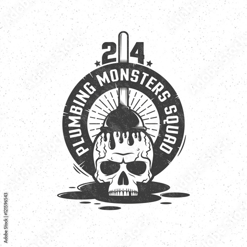 Skull and plunger in vintage  retro style. Plumbing service emblem, logo.  Grunge texture and background on separate layers.
