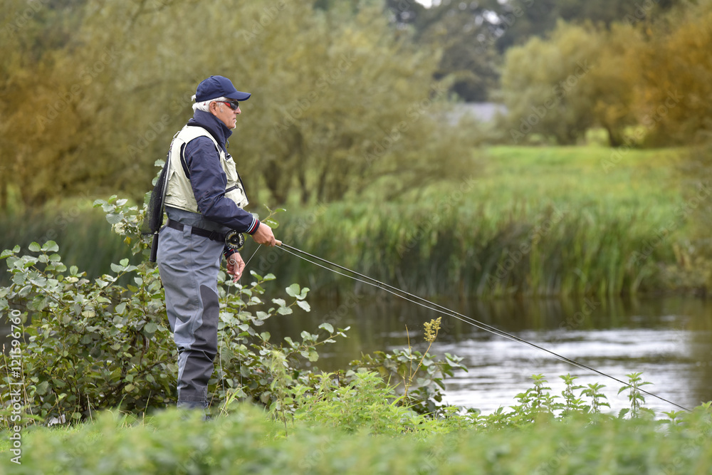Fly-fisherman fishing in river from riverbanks Fly-fisherman fishing in river from riverbanks