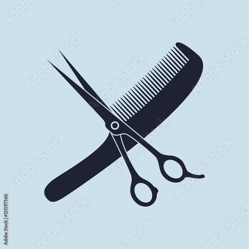 Scissors and comb. Symbols for hair salon. Isolated on blue background. Vector illustration, eps 8.