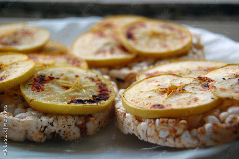 healthy food, rice crackers with baked apples chips healthy food, rice crackers with baked apples chips