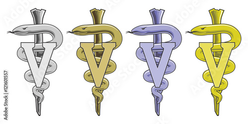 Medical Symbol - Veterinarian is an illustration of the veterinary medical symbol in silver, gold, blue and yellow.