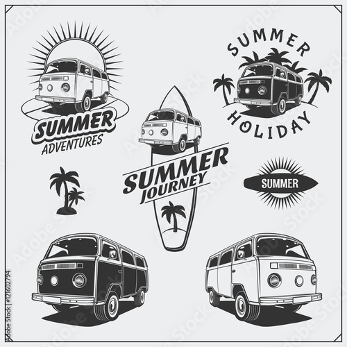 Summer bus travel labels, emblems and design elements. Vintage style.  photo
