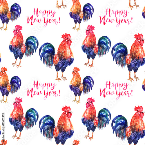 Vector watercolor fire cock on white background with text Happy New Year.