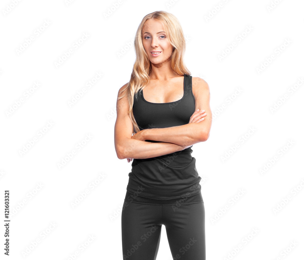 sexy blonde smiling sportive woman in black sportswear with cross hands isolated on white background sexy blonde smiling sportive woman in black sportswear with cross hands isolated on white background