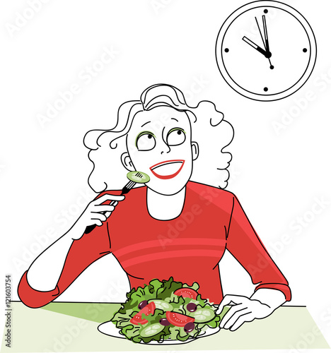 Woman, practicing intermittent fasting, looking at the clock, waiting for a time to start eating, EPS 8 vector illustration