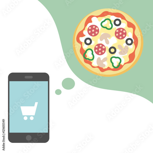 Order pizza online from mobile phone. Vector illustration.