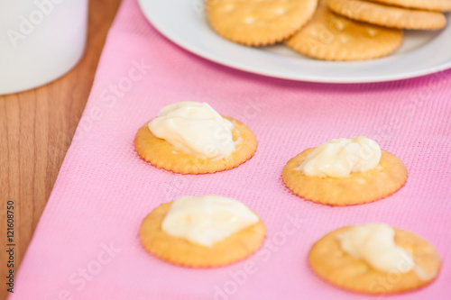 crackers biscuits on wooden background