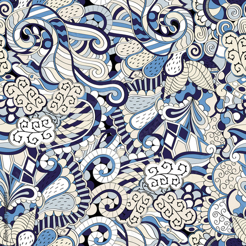 Tracery seamless calming pattern. Mehndi design. Ethnic colorful doodle texture. Curved doodling background. Vector.