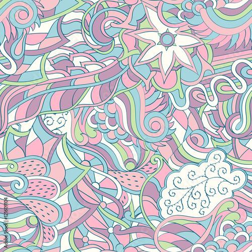 Tracery seamless calming pattern. Mehndi design. Ethnic colorful doodle texture. Curved doodling background. Vector.