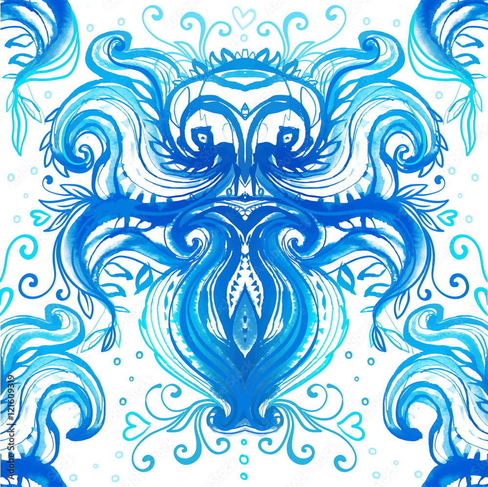 Elegant blue patterned frame painted with watercolor