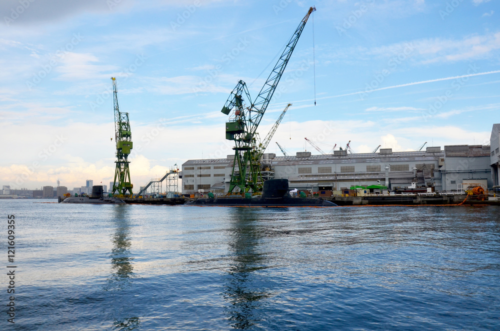 Docks of submarine and shipbuilding or shipyard in the sea at Ko