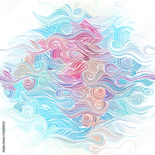 Vector color abstract hand-drawn pattern with waves and clouds