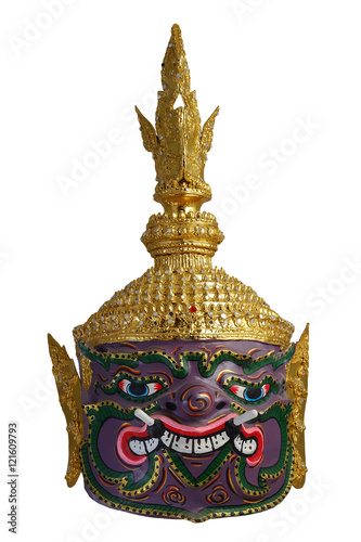 Thai Khon head mask in Puple Giant Face, called Maiyarap, The giant king of the underworld, with white isolated background photo