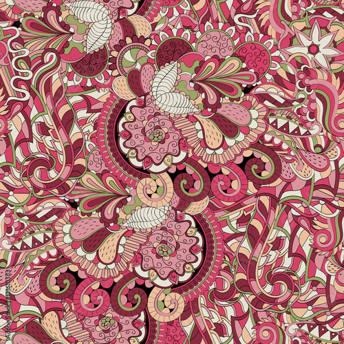 Tracery seamless calming pattern. Mehndi design. Ethnic colorful doodle texture. Curved doodling background. Vector.