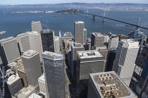Aerial of Downtown San Francisco and the Bay Bridge to Oakland
