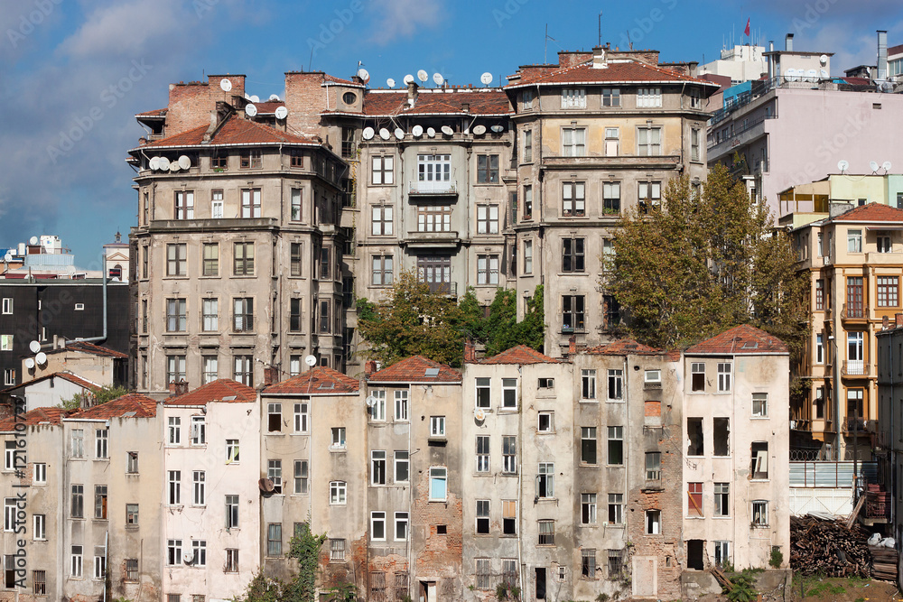 View of old houses and tiled roofs of Istanbul in the Beyoglu district. Next to the famous Taksim Square.